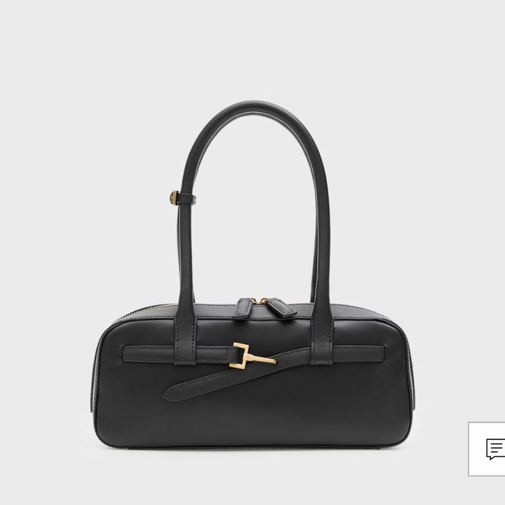 MANGO black leather east-west shoulder bag, buckle detail, excellent condition